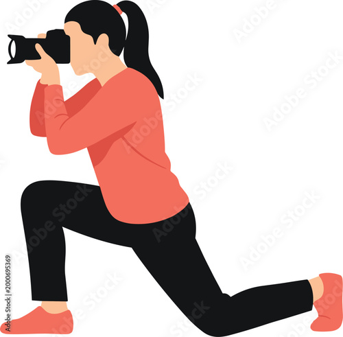 Female Photographer Kneeling While Taking Photos with Professional DSLR Camera Vector Illustration for Media Production Journalism and Creative Photography Projects