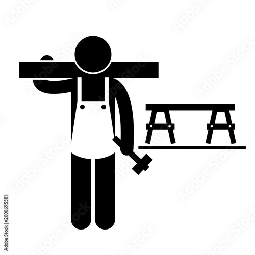 Carpenter Workman Silhouette Icon Carrying Timber Plank and Hammer
