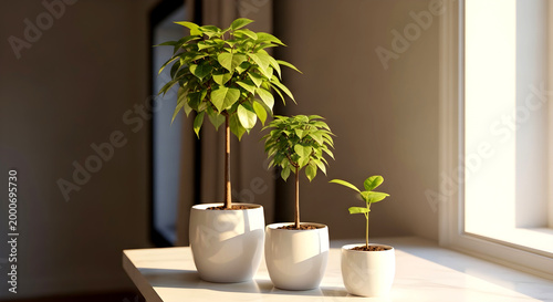 Stages of Growth: Three Green Potted Plants Bathed in Natural Light