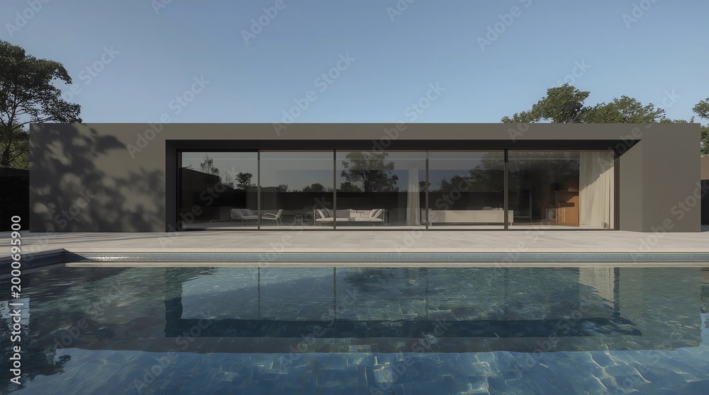 Fototapeta premium Perspective of black and white modern luxury house with green lawn yard on tree background, Idea of minimal architecture with garage door. 3D rendering