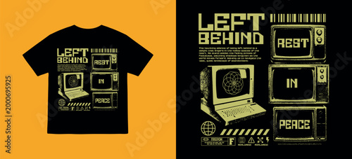 Vector illustration streetwear of analog television and left behind text for T-Shirt design with slogan and distortion artwork