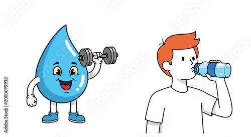 Hydration and Fitness Illustration with Cartoon Water Drop Lifting Dumbbell and Boy Drinking Water Vector Set