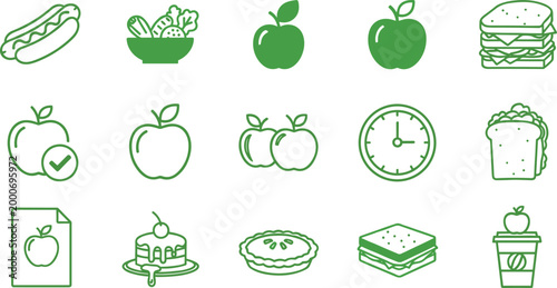 Set of Green Line Icons Featuring Healthy Food Choices Snacks Apples Sandwiches and Breakfast Items for Nutrition Planning and School Lunch Branding Projects