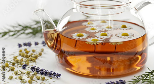 Steaming Chamomile Herbal Tea in Glass Teapot with Fresh Flowers and Herbs for Relaxation