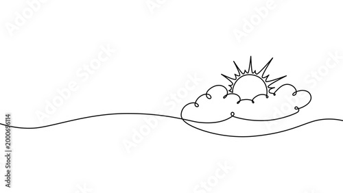 Continuous one line cloud sun art sky weather illustration outline. Sun cloud solar summer doodle graphic sketch energy linear stroke single vector icon sunny abstract park nature black ecosystem