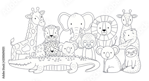 Adorable collection of various wild animals in a charming line art style for childrens coloring books.