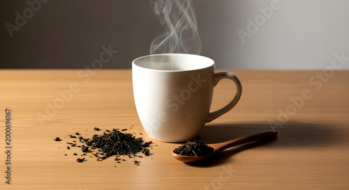 Steaming Hot Tea in White Mug with Loose Leaves and Wooden Spoon on Rustic Table