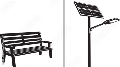 Black and white vector illustration of a park bench and solar powered street lamp isolated on white background
