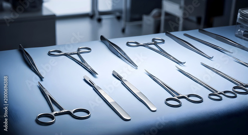 Sterile Surgical Instruments Displayed on Blue Operating Room Table