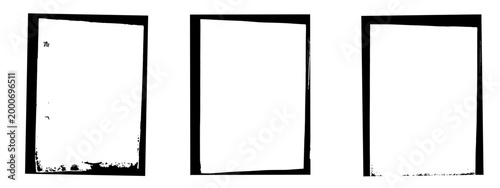 Set of black frames in grunge style. Horizontal banner with three vertical borders with a worn and inked effect. Suitable for photo decoration, scrapbooking, and vintage design.