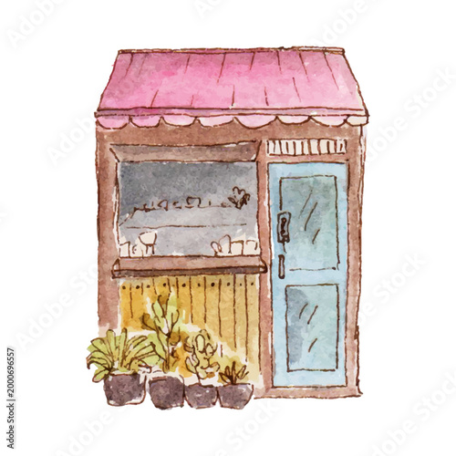 Vintage Watercolor Coffee Shop Front with Pink Awning and Plants