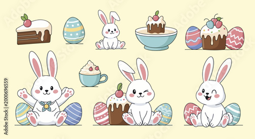 Adorable Easter Bunnies and Decorated Eggs with Sweet Treats Collection.