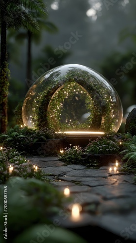 Enchanted Glass Dome Surrounded by Lush Greenery and Candles