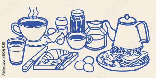 Bild auf Leinwand line drawing of breakfast items with blue outlines on beige background high qual