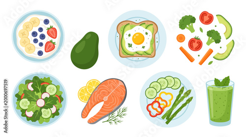Flat Vector Illustration of Assorted Healthy Foods