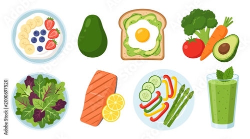 Flat Vector Illustration of Assorted Healthy Foods