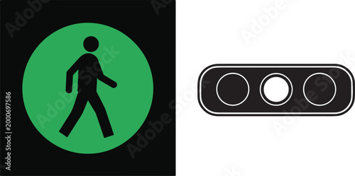 Flat vector icons of a green pedestrian walk signal and a horizontal traffic light isolated on white background