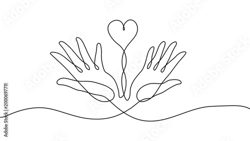 Continuous one line hand heart care health love art support volunteer. Hand heart draw life human charity icon hope donation linear family vector medicine cardiogram gift stroke emotion simple drawing