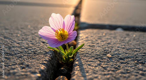 Vibrant purple flower growing through concrete crack, symbolizing resilience and hope