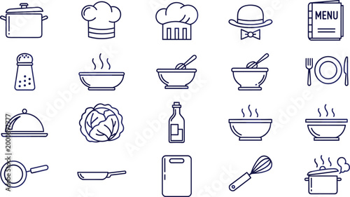 Comprehensive Kitchen and Restaurant Line Icon Set Featuring Chef Hats, Cooking Utensils, Menu, Food Service Symbols, and Culinary Equipment for Dining Design Projects