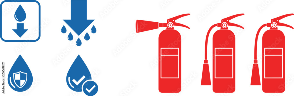 Obraz premium Water Drop and Fire Extinguisher Icon Set with Safety, Protection, Hazard, and Fire Safety Symbols Vector Illustrations for Industrial, Workplace, and Digital Designs