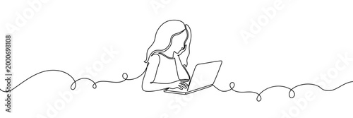 Continuous one line laptop woman computer drawing work desk art. Laptop woman computer outline sketch girl vector worker office customer screen doctor draw healthcare person typing pc businesswoman.