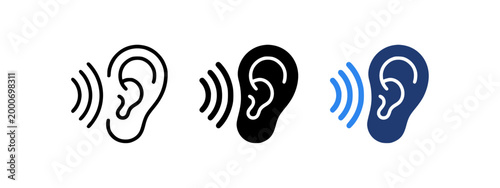 Ear and sound wave hearing icon set with audio listening symbols in outline and solid styles, accessibility, hearing support and sound perception concept, black icons light background - stock vector