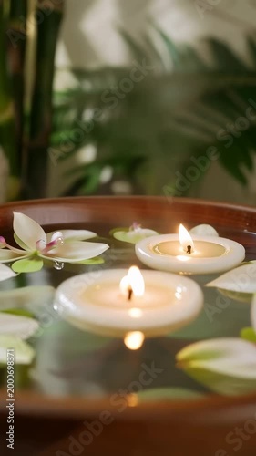 A Serene Spa Experience: Relaxing Soothing Atmosphere with Floating Candles, Elegant Flowers, and Smooth Stones Creating Tranquil Zen Ambiance