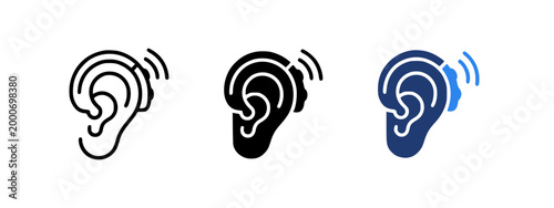 Hearing aid and deaf support icon set with ear symbols in outline and solid styles, accessibility and assistive technology concept, flat black icons on light gray background - stock vector