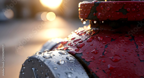 Water Droplets on Weathered Red Metal Surface with Golden Sunlight Bokeh Background
