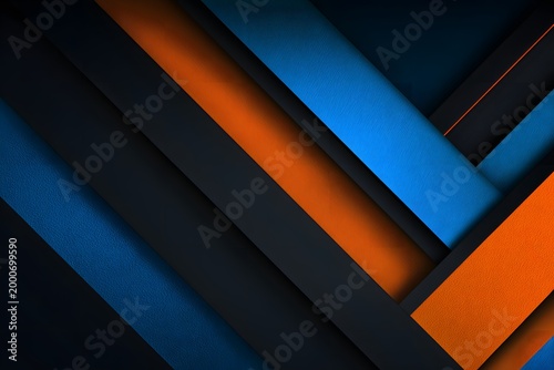 Abstract background featuring intersecting diagonal lines and rectangles in varying shades of dark blue, vibrant orange, and deep black, creating a modern and dynamic pattern