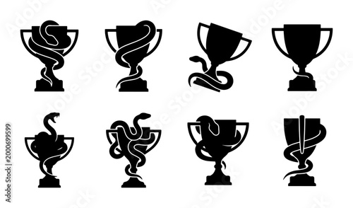 Obraz na płótnie Snake and trophy silhouette icons, set of 8 serpent wrapped around winner cup ve
