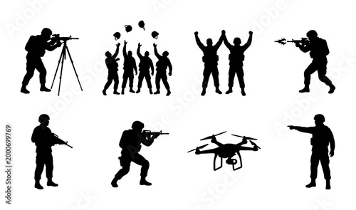 Foto Military soldier silhouettes set, army infantry personnel with rifles and drone,