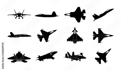 Foto Military fighter jet silhouettes set, 12 modern aircraft vector icons, black com