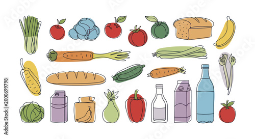 Assortment of fresh fruits, vegetables, and groceries in a continuous line art style.