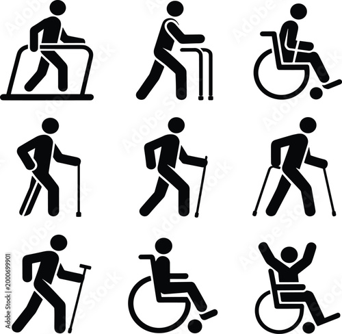 Black of people using mobility aids and devices vector illustration