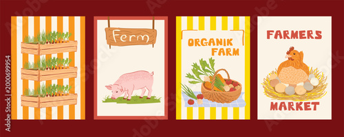 Farm Animals and Agriculture Poster Set with Pig, Chicken and Garden Beds