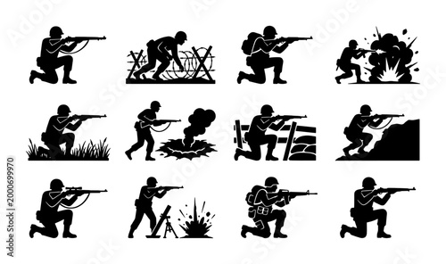 Foto Military soldier silhouettes set, 12 army infantry vector icons, black war comba
