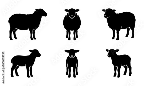 Konstfotografi Black sheep silhouette collection, 6 farm animal vector icons, minimalist lamb a