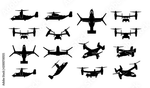 Tableau sur toile Military tiltrotor aircraft silhouettes, set of 14 black vector icons of V-22 Os
