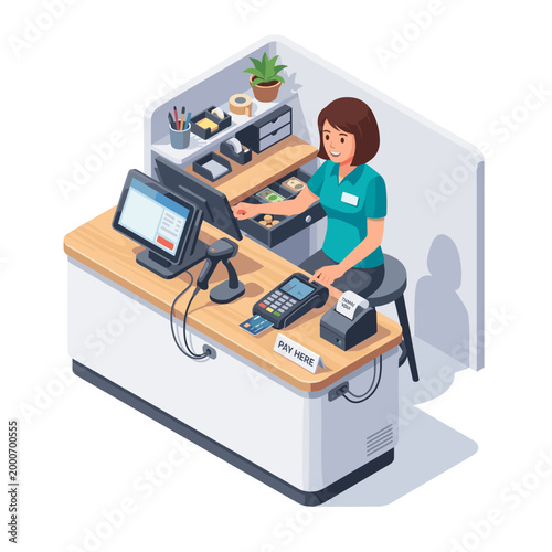 Isometric view of cashier operating a payment terminal at counter