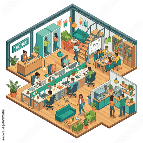 Isometric illustration of a busy coworking office space with people working