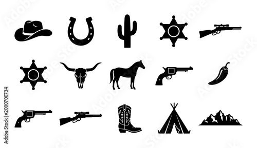 Photos Wild West icons set, 15 black cowboy silhouettes vector, western elements with s
