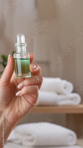 A Woman's Hand Gracefully Holds a Small Glass Bottle of Green Oil, Set Against a Softly Focused Spa-Like Background with Rolled Towels for Relaxation and Beauty Treatment.
