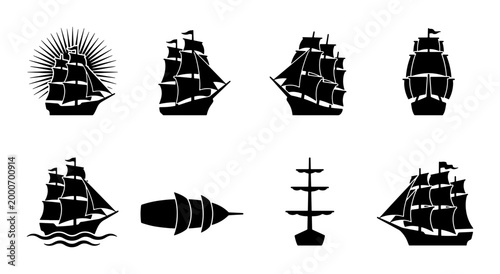 Canvastavla Vintage sailing ship silhouettes, nautical tall ship vector icons, collection of