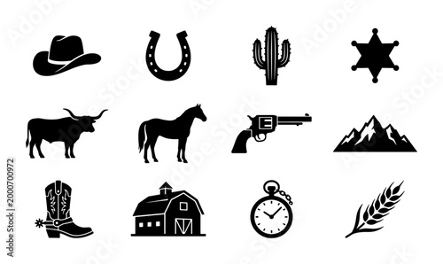 Konstfotografi Wild West cowboy icons set, black western silhouette vector elements, rustic ran