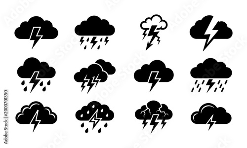 Bild auf Leinwand Stormy weather icon set with lightning and rain clouds, 12 black vector thunderc