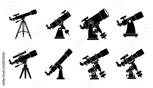 Obraz na płótnie Astronomy telescope icons set, black silhouette optical equipment for stargazing