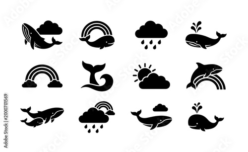 Photos Minimalist whale and weather icon set, black silhouette sea life collection, 12