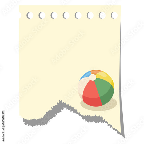 Inflatable beach ball on a blank torn sheet of paper from a notebook. Minimalist summer banner template. Vector illustration for diaries, planners, checklists, notepads, cards, and social media.